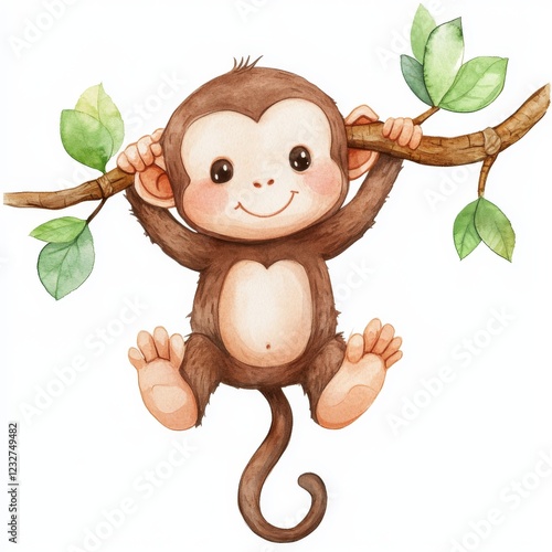 Sweet baby monkey dangling from a vine. Isolated watercolor illustration of a marmoset, hand-drawn. African creature. Kid's Safari theme. Macaque design ideal for baby showers, cards, posters, photo