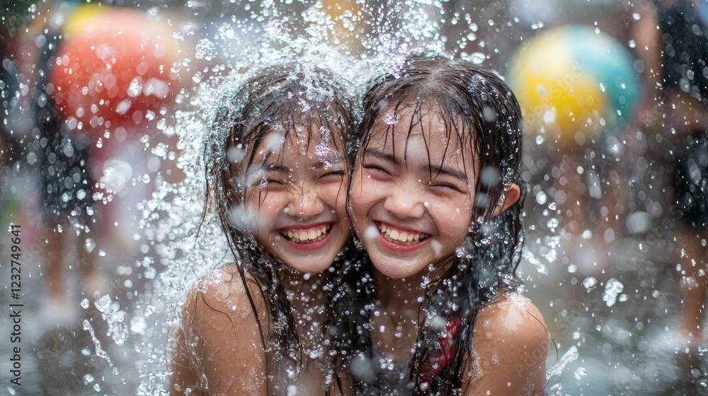 Obraz premium young couple taking selfies during Songkran festival with wet faces and joyful smiles refreshing and fun celebration in the city background of street performers and festival lights Stock Photo with