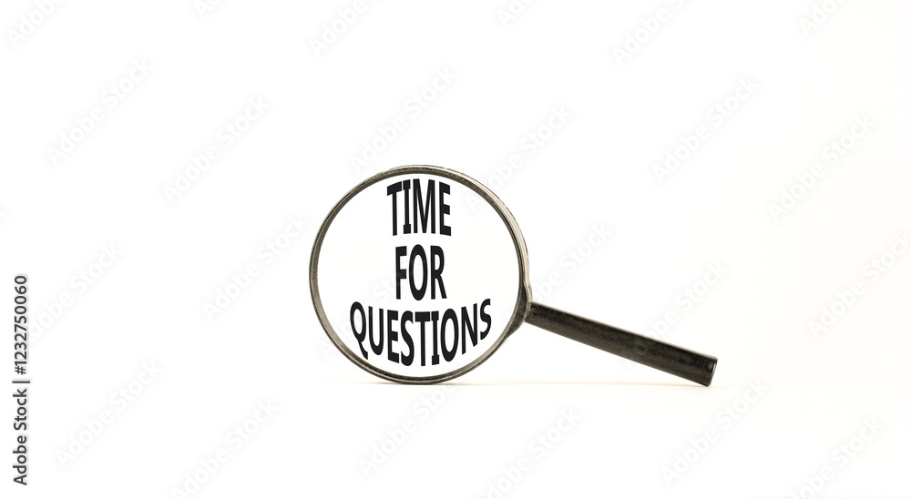 Time for questions symbol. Concept words Time for questions on beautiful black magnifying glass. Beautiful white background. Business time for questions concept. Copy space. Time for questions symbol. Concept words Time for questions on beautiful black magnifying glass. Beautiful white background. Business time for questions concept. Copy space.