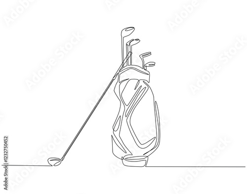 Continuous line drawing of golf bag full of clubs. Single line illustration of golfer sport equipment. International golf day concept. Editable outline
