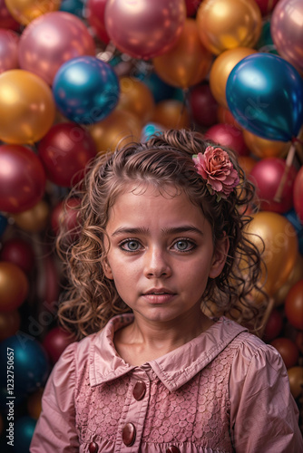 Beautiful Portrait of a Little Girl with Curly Hair and a Flower in Her Hair, Surrounded by Colorful Balloons, Party Celebration Theme, generative AI