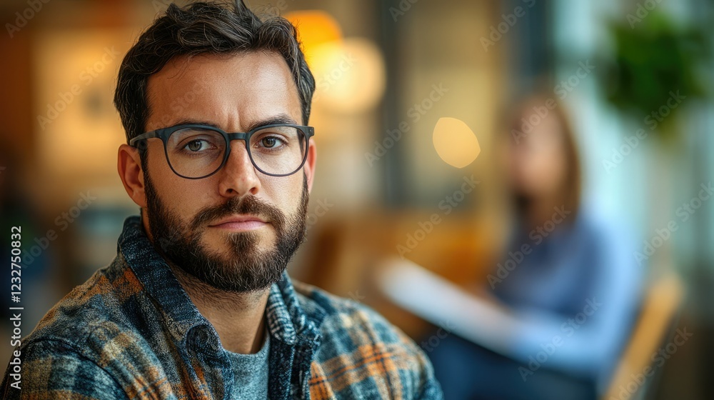 Man with beard and glasses sitting indoors during a casual gathering in a cozy atmosphere Man with beard and glasses sitting indoors during a casual gathering in a cozy atmosphere