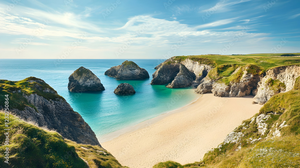 Secluded cove, turquoise water, sandy beach, green cliffs, sunny day; travel brochure Secluded cove, turquoise water, sandy beach, green cliffs, sunny day; travel brochure