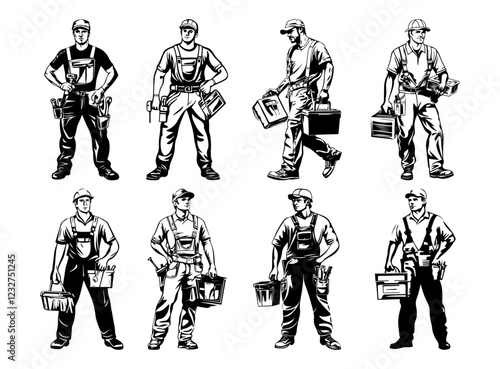 Eight construction workers with tools, black and white vector illustration 