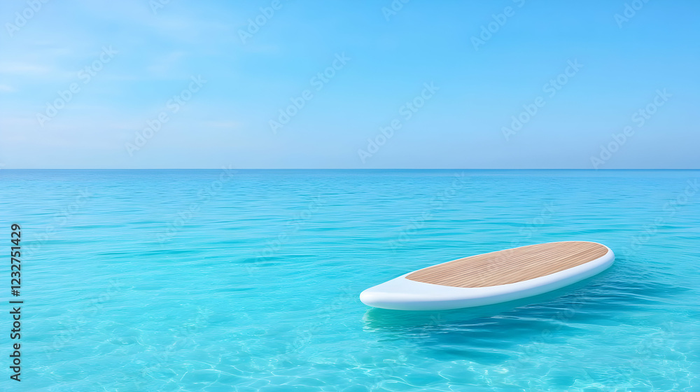 Paddleboard floats on calm turquoise ocean; sunny sky Paddleboard floats on calm turquoise ocean; sunny sky