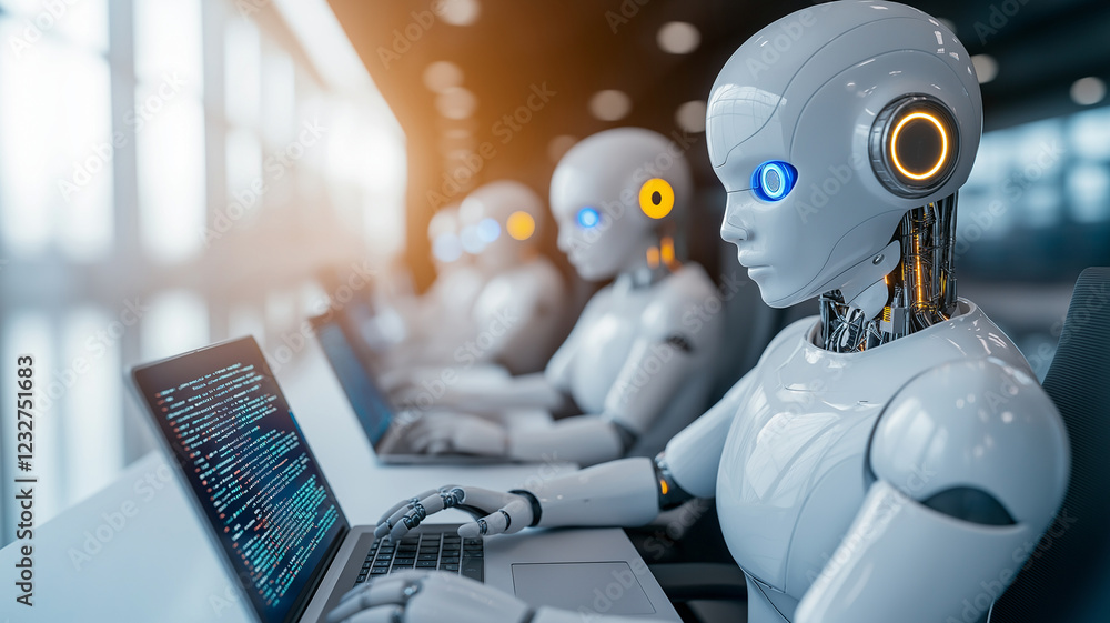group of white humanoid robots with blue eyes work on laptops in modern office. scene conveys sense of advanced technology and collaboration in futuristic environment group of white humanoid robots with blue eyes work on laptops in modern office. scene conveys sense of advanced technology and collaboration in futuristic environment