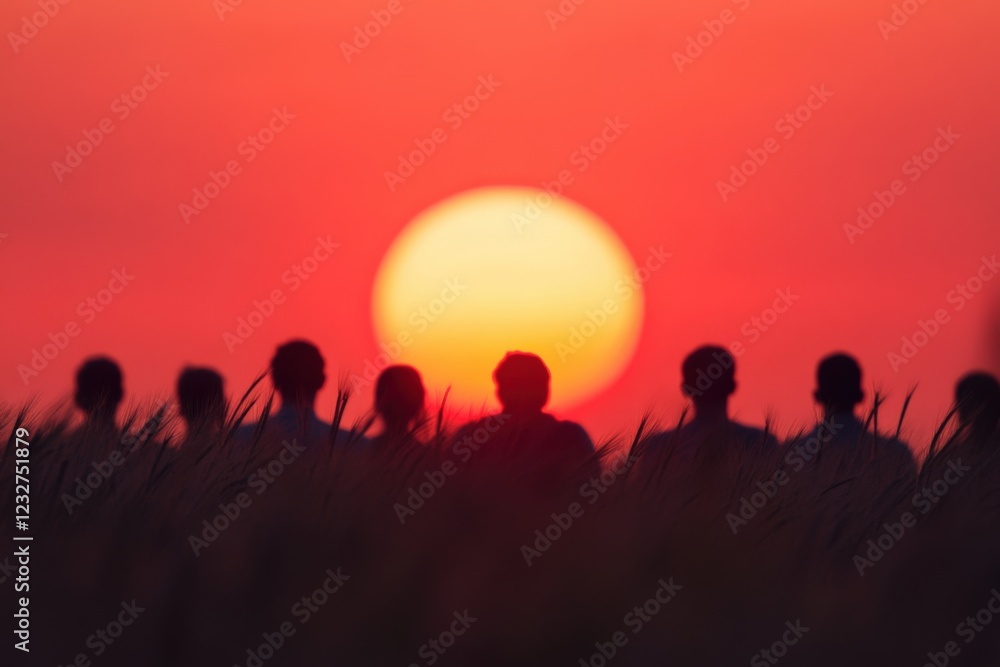 silhouettes of people watching a vibrant sunset over a field silhouettes of people watching a vibrant sunset over a field