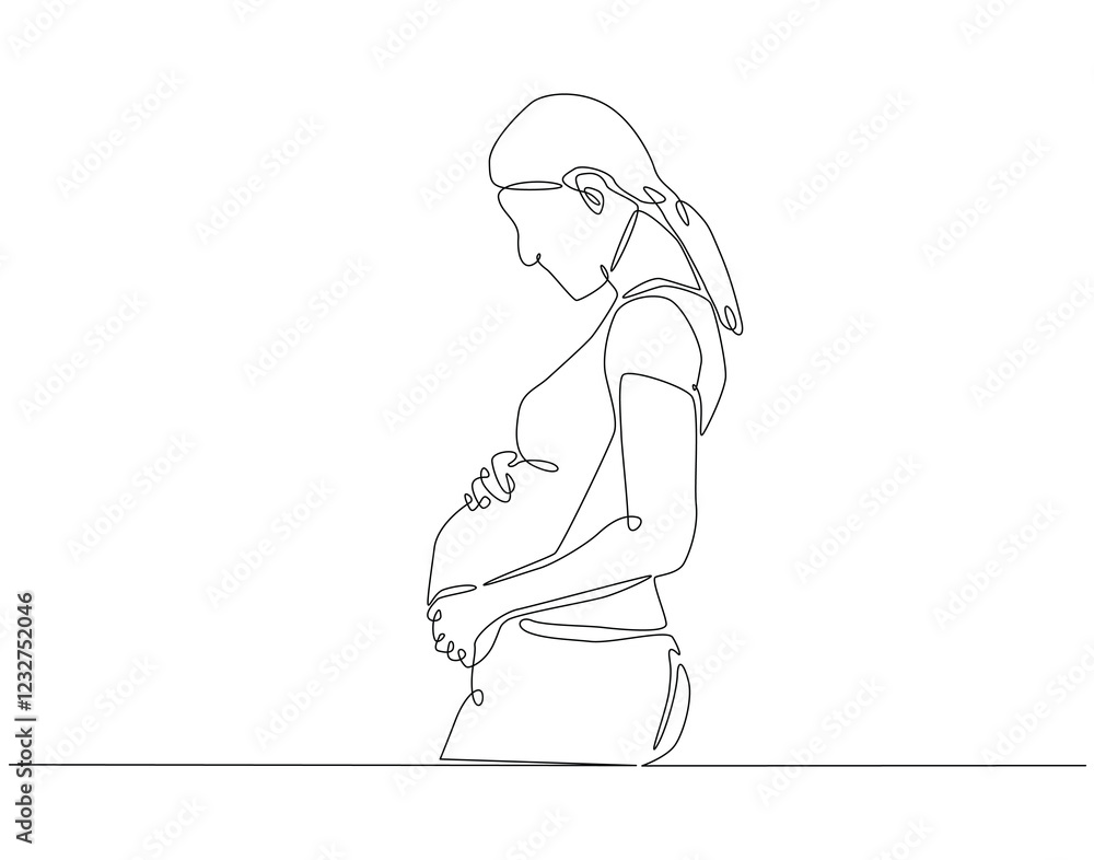 Continuous line drawing of pregnant woman touching her belly. Single line illustration of woman pregnant. International pregnant day concept. Editable outline Continuous line drawing of pregnant woman touching her belly. Single line illustration of woman pregnant. International pregnant day concept. Editable outline