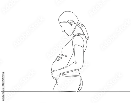 Continuous line drawing of pregnant woman touching her belly. Single line illustration of woman pregnant. International pregnant day concept. Editable outline