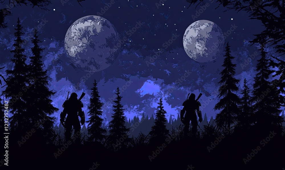 In the cold, misty air, a Viking warrior is positioned in front of two distant exoplanets In the cold, misty air, a Viking warrior is positioned in front of two distant exoplanets