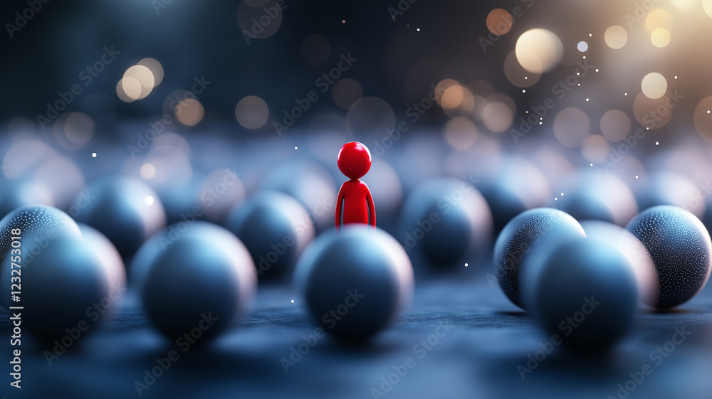 red figure stands out among crowd of gray spheres, creating striking visual contrast. background features soft bokeh effect, enhancing focus on figure red figure stands out among crowd of gray spheres, creating striking visual contrast. background features soft bokeh effect, enhancing focus on figure