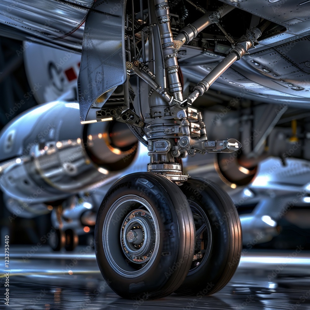 Fototapeta premium Detailed Close-up of Metal Airplane Landing Gear in Focus during Inspection on Airfield Runway with Hydraulic System and Wheels