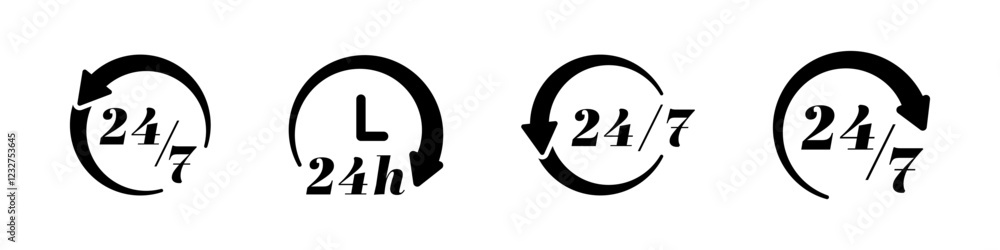 Full day service clock icons. 24/7 service with clock icon set. Full day service clock icons. 24/7 service with clock icon set.