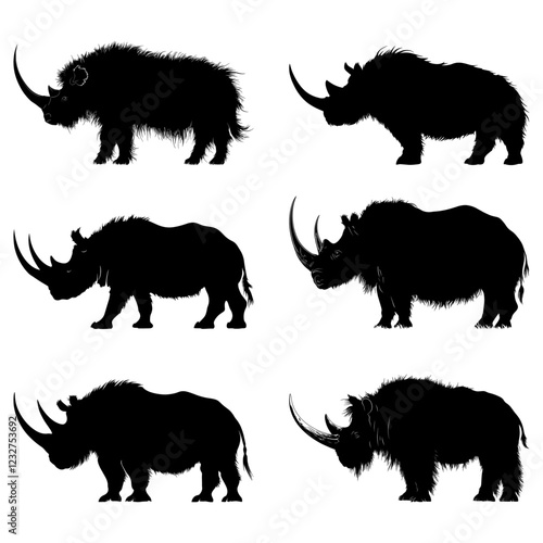 Six silhouettes of woolly rhinoceros, black and white vector illustration 