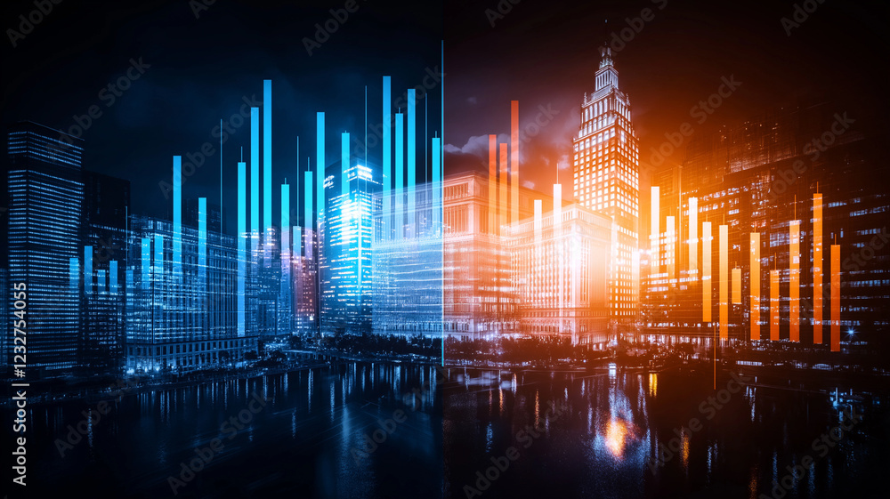 stock market graph with double exposure of city skyline, showcasing vibrant blue and orange bars representing data trends. image conveys sense of financial growth and urban energy stock market graph with double exposure of city skyline, showcasing vibrant blue and orange bars representing data trends. image conveys sense of financial growth and urban energy