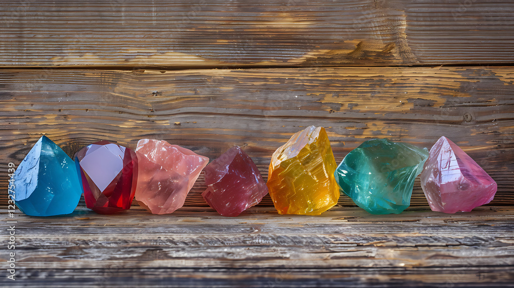 Colorful Gemstones on Rustic Wooden Background Colorful Gemstones on Rustic Wooden Background