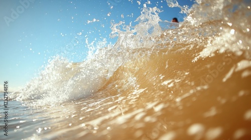 A dynamic shot of a surfer catching a large wave in the early morning light, with water splashing around. The surfer is in mid-motion, riding the wave effortlessly, with a clear blue sky overhead. photo