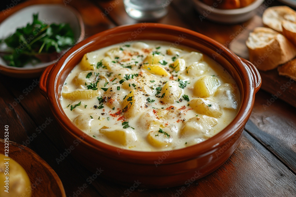 Potato dish with cream sauce on the table Potato dish with cream sauce on the table