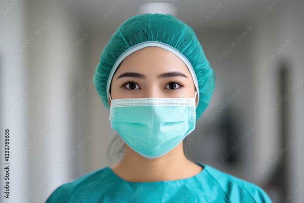 a medical professional wearing a surgical mask and cap a medical professional wearing a surgical mask and cap