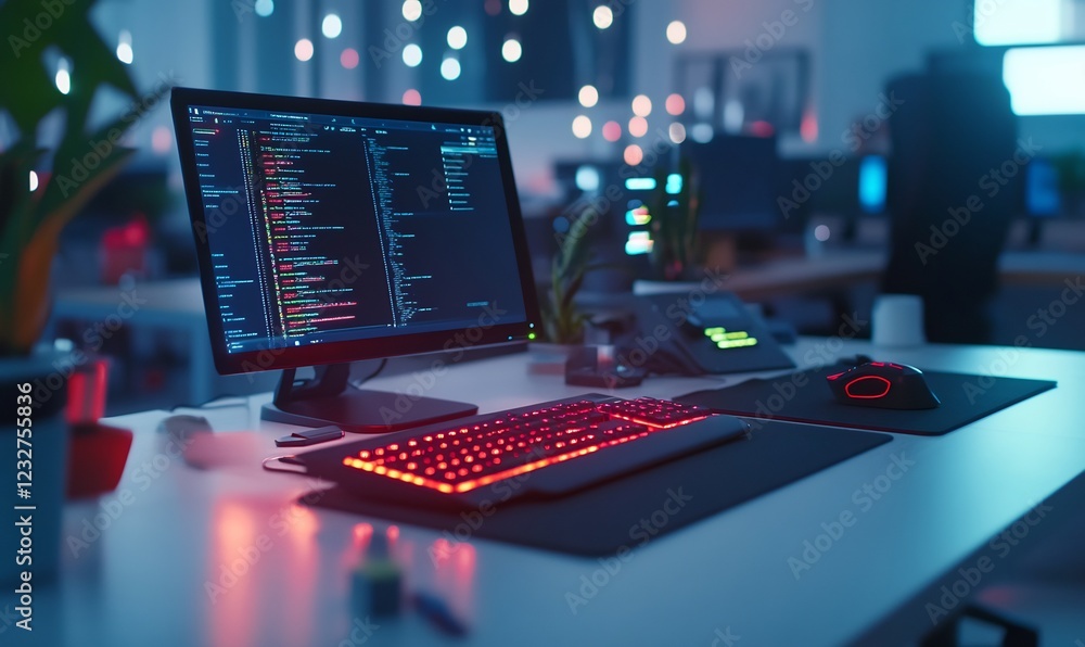 Night office coding, desk setup, bokeh background, software development Night office coding, desk setup, bokeh background, software development