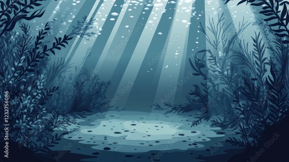 Fototapeta premium Sunbeams illuminate an underwater scene with aquatic plants and a sandy seabed.