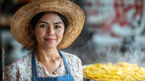Fototapeta Naklejka Na Ścianę i Meble -  Thai woman preparing fresh coconut pancakes on a small boat in a floating market sizzling griddle delicious street food authentic flavors unique culinary experience Stock Photo with side copy space