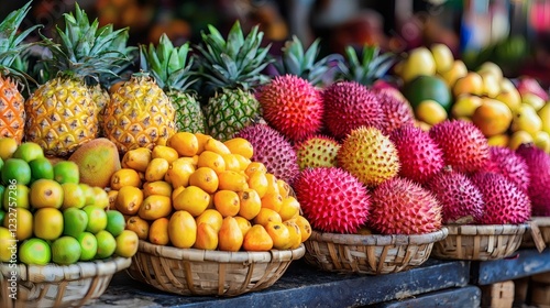 Fototapeta Naklejka Na Ścianę i Meble -  colorful display of exotic Thai fruits at a street market dragon fruit mango rambutan rich tropical flavors vibrant fresh produce Stock Photo with side copy space