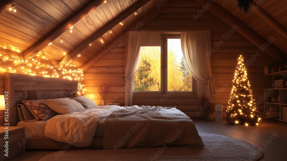 Cozy Rustic Bedroom with Warm Lights and a Tree in Autumn Setting Cozy Rustic Bedroom with Warm Lights and a Tree in Autumn Setting