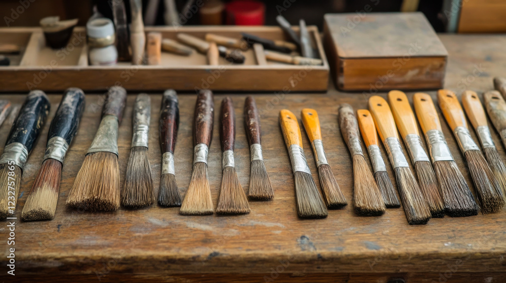 Collection of carving tools arranged neatly on a wooden surface, showcasing different shapes and sizes for various crafts Collection of carving tools arranged neatly on a wooden surface, showcasing different shapes and sizes for various crafts