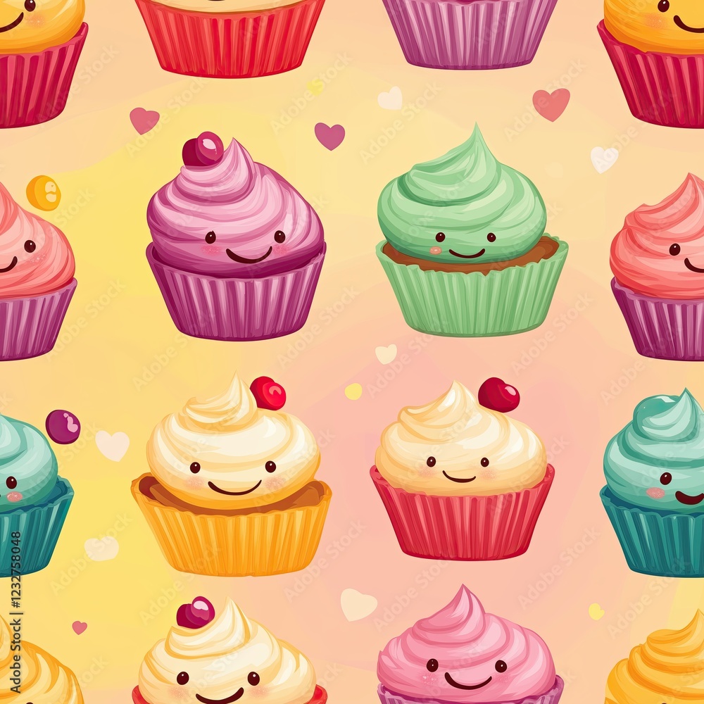 Seamless pattern of small and large cupcakes, with soft pastel colors and delicate shadows Seamless pattern of small and large cupcakes, with soft pastel colors and delicate shadows