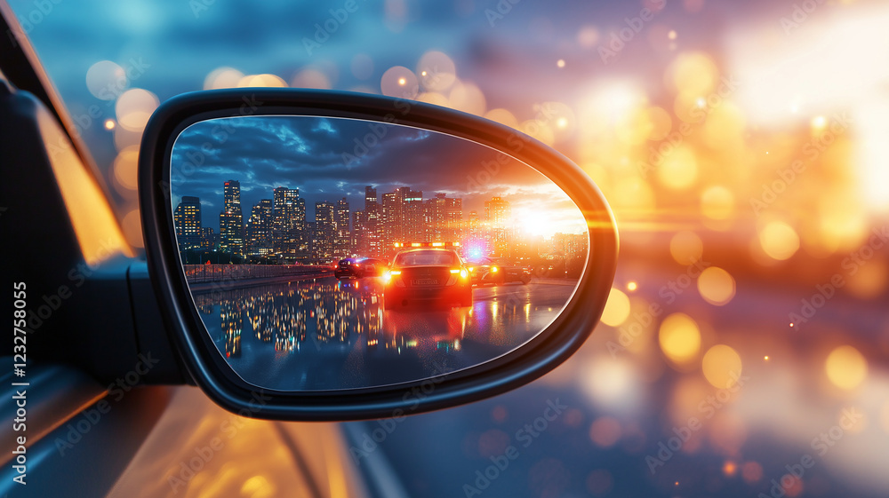 Close up of car rearview mirror reflecting police lights and city skyline at night. scene captures dramatic moment with vibrant colors and sense of urgency Close up of car rearview mirror reflecting police lights and city skyline at night. scene captures dramatic moment with vibrant colors and sense of urgency