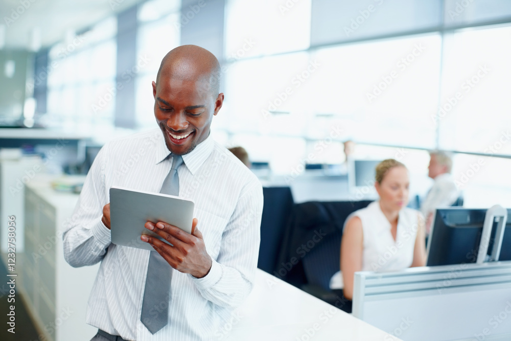 Businessman, tablet and smile for project success, approval or internet report in office. Email update, manager and professional employee happy for finance, accounting or proposal communication Businessman, tablet and smile for project success, approval or internet report in office. Email update, manager and professional employee happy for finance, accounting or proposal communication