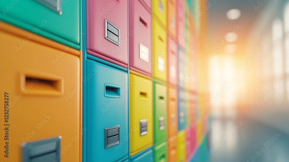 Colorful mailboxes and documents on wall create vibrant atmosphere, showcasing blend of organization and creativity in modern space Colorful mailboxes and documents on wall create vibrant atmosphere, showcasing blend of organization and creativity in modern space