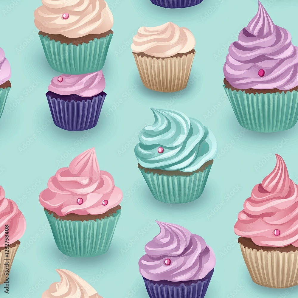 Seamless pattern of small and large cupcakes, with soft pastel colors and delicate shadows Seamless pattern of small and large cupcakes, with soft pastel colors and delicate shadows