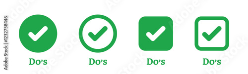Checkmark do's in green checkbox vector set.
Green boxes with checkmarks.
