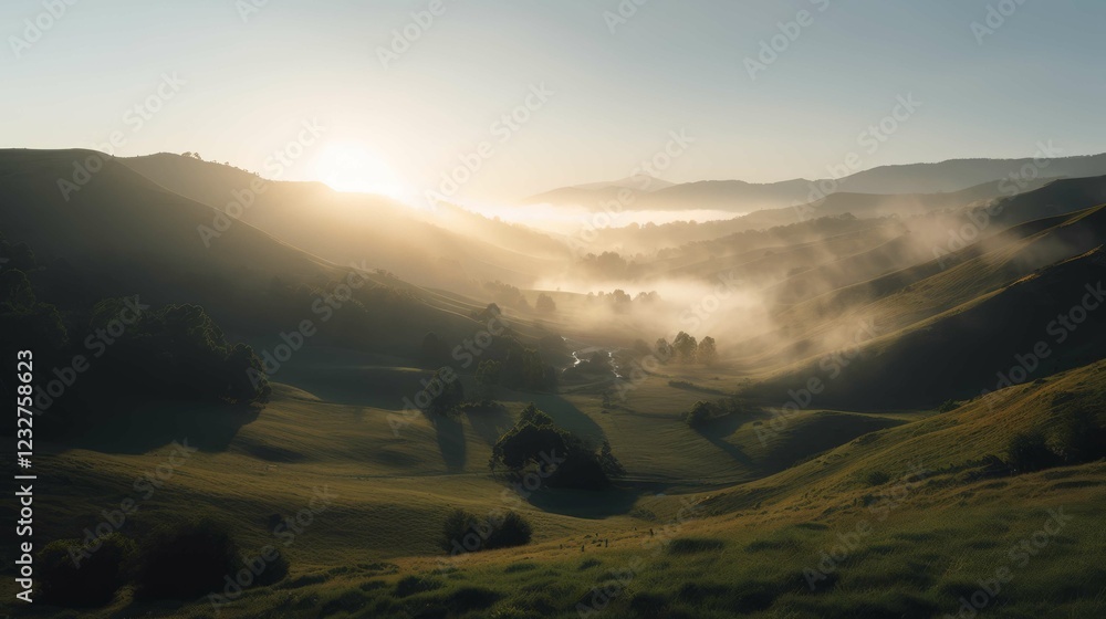 Mist-Covered Valley at Sunrise with Golden Light Peeking Over Rolling Hills Mist-Covered Valley at Sunrise with Golden Light Peeking Over Rolling Hills