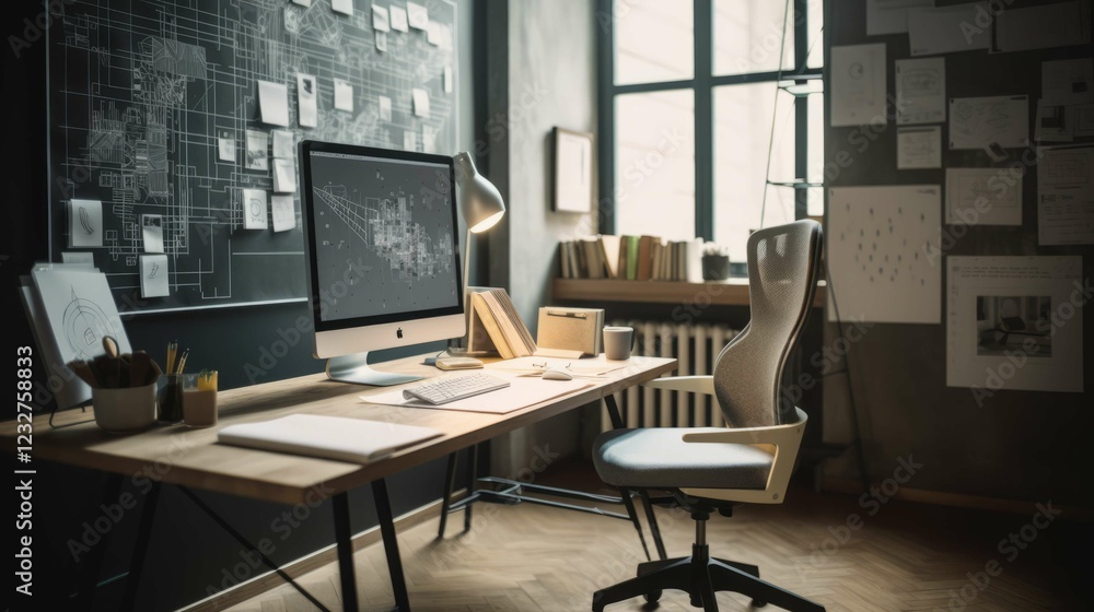 Modern Workspace with Computer and Chair, Surrounded by Creative Inspiration and Natural Light Modern Workspace with Computer and Chair, Surrounded by Creative Inspiration and Natural Light