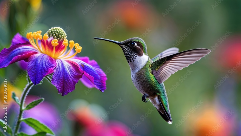 Fototapeta premium A Hummingbird Hovering Near a Vibrant Flower, Capturing Nature’s Beauty in Motion