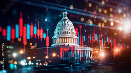 Digital stock market background featuring U.S. Capitol building, illuminated with vibrant red and blue trading graphs. This captures dynamic intersection of finance and governance