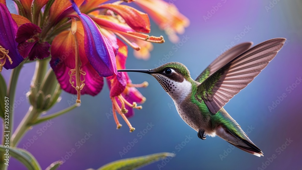 Naklejka premium A Hummingbird Hovering Near a Vibrant Flower, Capturing Nature’s Beauty in Motion