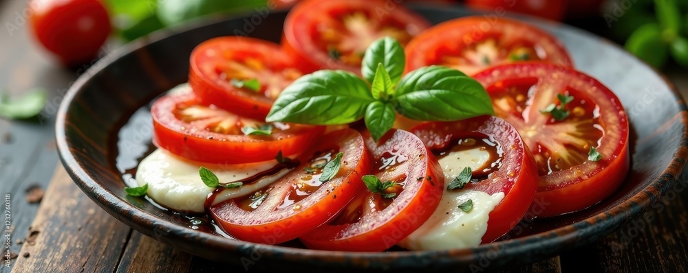 Sliced tomatoes, mozzarella, basil, balsamic glaze, plate, basil Sliced tomatoes, mozzarella, basil, balsamic glaze, plate, basil