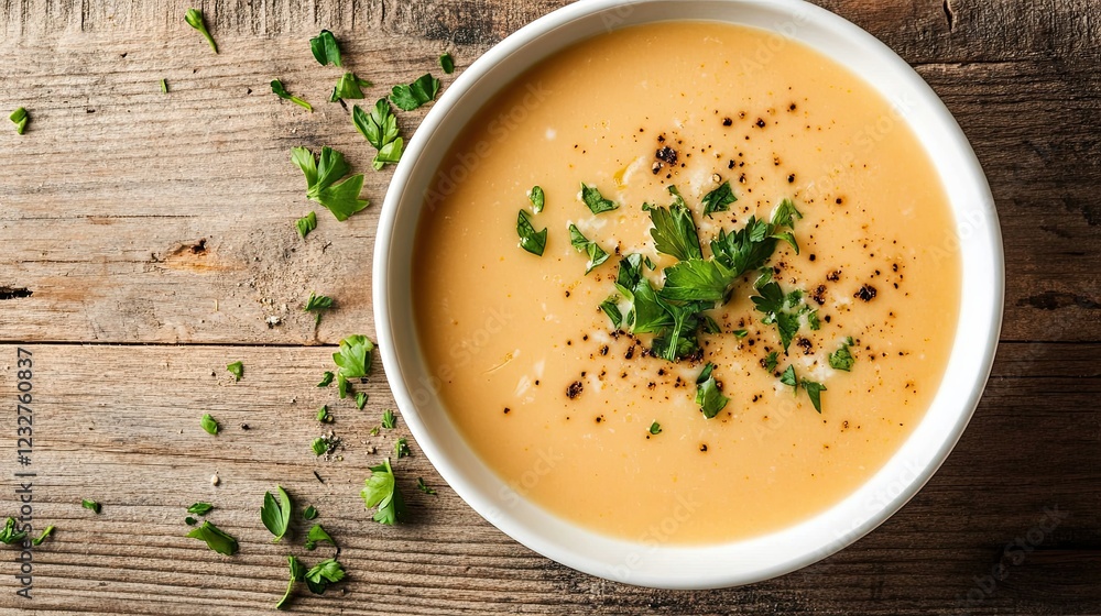 Delicious cauliflower cheese soup in a white bowl on a wooden background. Vegetarian or healthy diet food concept. Top view. Delicious cauliflower cheese soup in a white bowl on a wooden background. Vegetarian or healthy diet food concept. Top view.