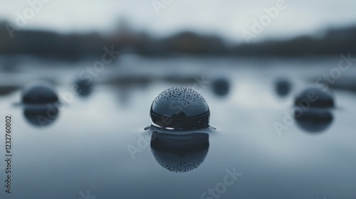 macro water drops on a dark sphere with a shallow depth of field