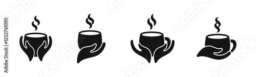 Hot beverage cup in hands vector abstract icon set.