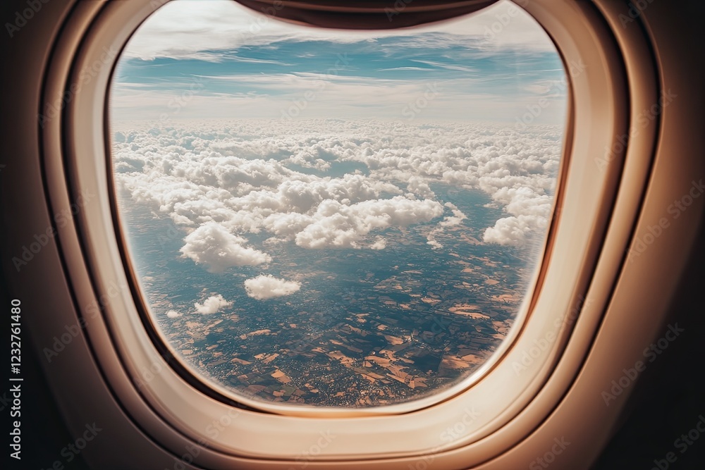 Fototapeta premium The sunrise reveals a vista of white clouds and blue sky from above the airplane window
