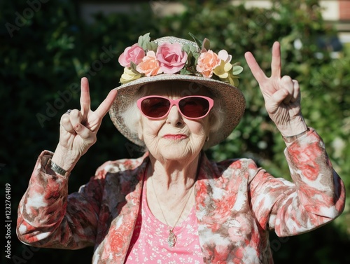 Fashionable elderly woman in floral outfit and sunglasses making peace signs outdoors photo