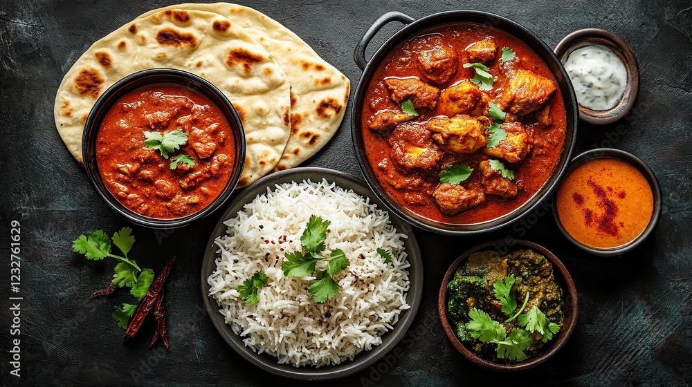 Indian curry, tikka masala, chicken, lamb, lamb with rice and naan bread. Dark background. Place for text. Indian curry, tikka masala, chicken, lamb, lamb with rice and naan bread. Dark background. Place for text.