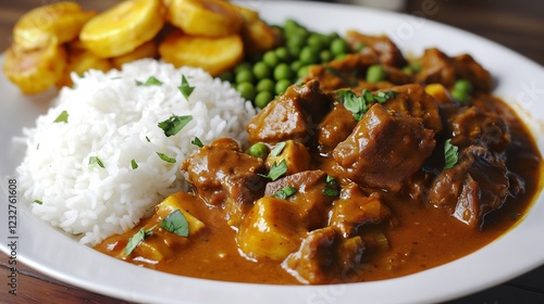 Spicy Jamaican curry goat dish served rice peas and a side of fried plantains
