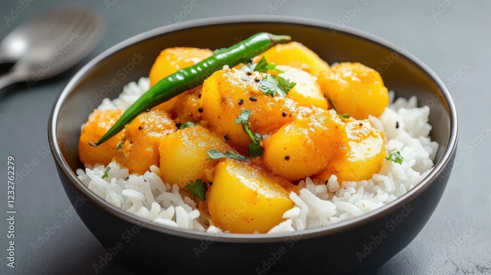delicious indian potato curry served with rice and garnished with a green chili pepper. delicious indian potato curry served with rice and garnished with a green chili pepper.