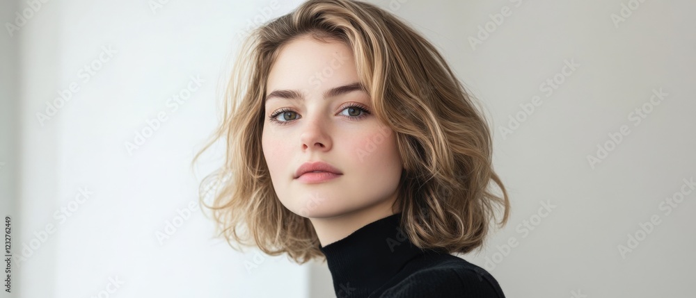 young woman with wavy blonde hair wearing a black turtleneck young woman with wavy blonde hair wearing a black turtleneck